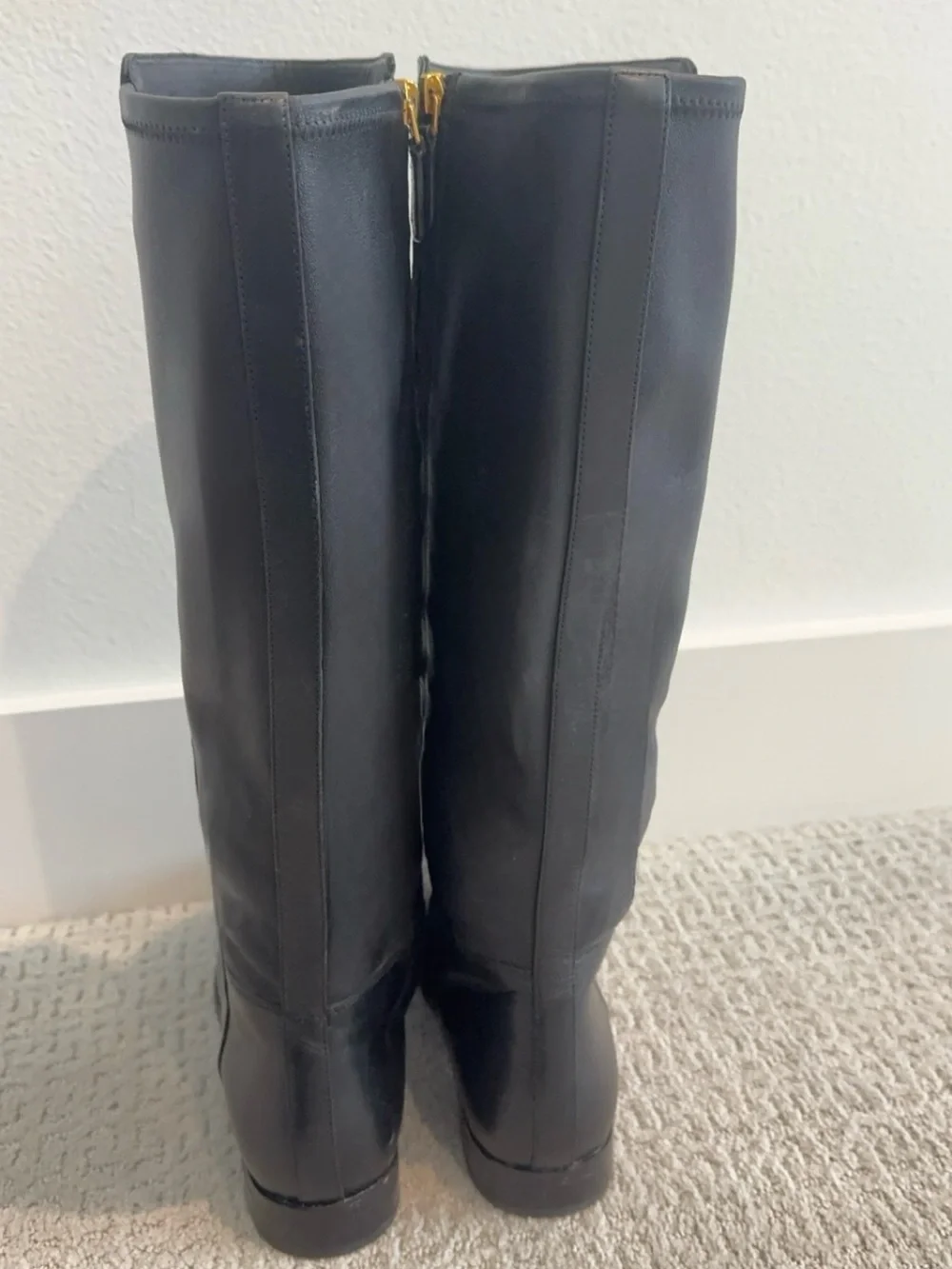 Tory Burch Naomi Black Leather Knee-High Riding Boots with Gold Button Detail